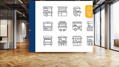 Food stall vendor icons set design. Street food booth event fair. Commercial counter product. Outline style illustration. Wall mural