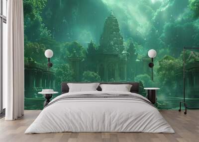 Grand Hindu temple at green mysterious jungle. Generative AI technology.	
 Wall mural