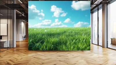 Green grass field and blue sky background. Generative AI technology.	
 Wall mural