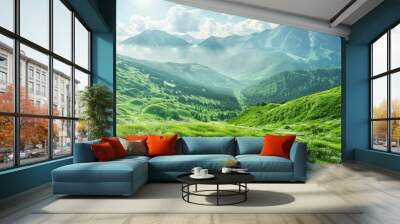 Green mountains valley panoramic landscape. Generative AI technology.	
 Wall mural