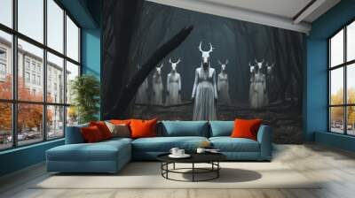 Group of deer head evil creepy creature at haunted foggy forest background. Generative AI technology. Wall mural