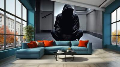 Hacker silhouette on black hoodie sitting. Generative AI technology. Wall mural