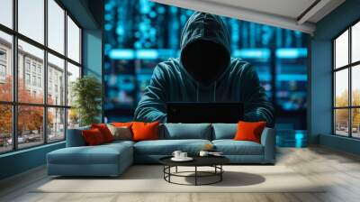 Hooded hacker criminal with bokeh monitor screen background. Cyber internet security protection concept. Generative AI technology. Wall mural