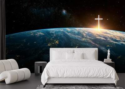 Jesus Cross at space planet horizon. Religion faith worship spirituality concept. Generative AI technology. Wall mural