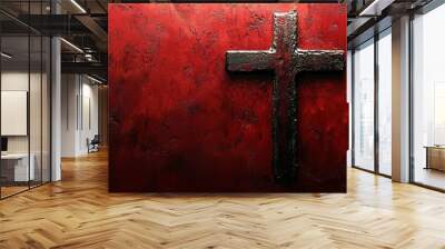 Jesus Cross on dark bloody red background. Christianity religion faith worship spirituality concept. Generative AI technology.	
 Wall mural