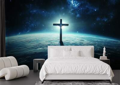 Jesus Cross over planet earth horizon with sunlight. Religion faith worship spirituality concept. Generative AI technology. Wall mural