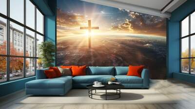 Jesus Cross over planet earth horizon with sunlight. Religion faith worship spirituality concept. Generative AI technology. Wall mural