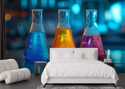 Laboratory beaker glass filled with colorful liquid. Generative AI technology. Wall mural