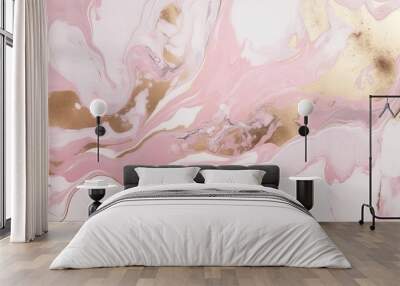 Liquid marble stone background. Soft white pink gold colors. Generative AI technology. Wall mural