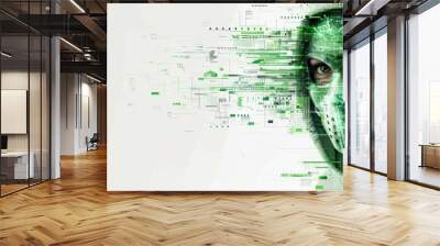 Masked female hacker on green digital background. Cyber internet criminal. Generative AI technology.	
 Wall mural