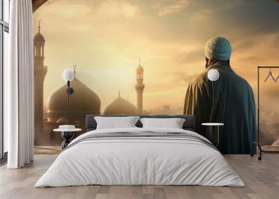 Muslim imam looking at beautiful mosque. Islam religion concept. Generative AI.	
 Wall mural