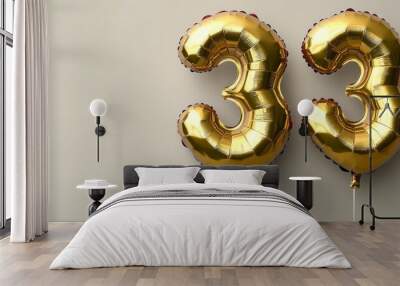 Number 33 golden balloon on white background. Birthday anniversary wedding party event. Generative AI technology.	
 Wall mural