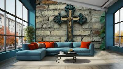 Orthodox Jesus Cross symbol on stone wall. Christianity religion faith worship spirituality concept. Generative AI technology. Wall mural