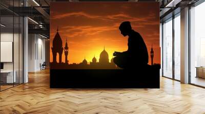 Silhouette of muslim man praying at sunset. Islam religion concept. Generative AI. Wall mural