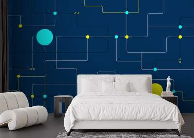 Technology circuit board system connected dots and lines background template. Blockchain linked global digital database graphic vector Wall mural