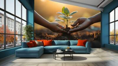 two hands take care the green plant. nature ecology environment concept. generative ai technology. Wall mural