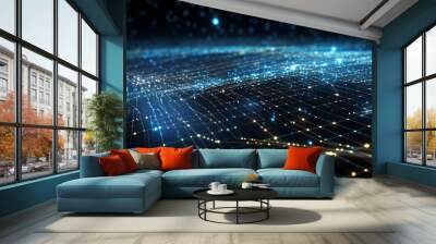 Virtual data space network flow particles technology background. Generative AI technology. Wall mural