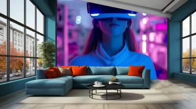 Woman scientist using virtual reality headset. Fictional character. Generative AI technology. Wall mural