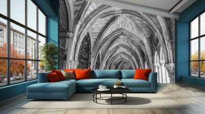 Ancient gothic cloister in black and white Wall mural