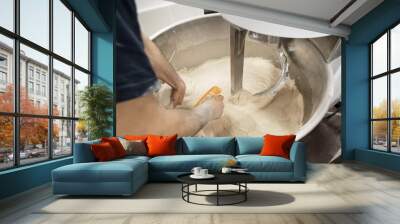 Baker taking out dough of a kneading machine at industrial bakery. High quality photography Wall mural