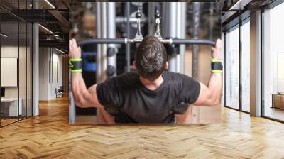 Man training dorsal muscles by taking handles and bringing them down. Strength exercising concept . Wall mural