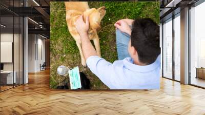 Man with his labrador dog sitting in the park during Covid-19 pandemic. He wears protective face mask and sanitizing alcohol gel to avoid coronavirus infection .  Wall mural