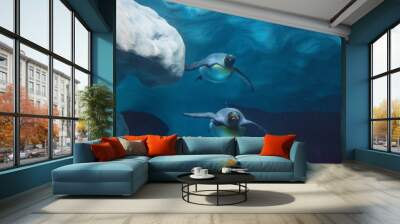 Penguins swimming underwater Wall mural