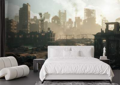 Post-apocalyptic cityscape with dilapidated buildings and desolate atmosphere. Generative AI.  Wall mural