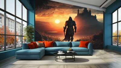 fantasy silhouette of a knight front of castle  Wall mural