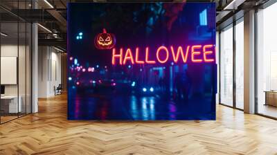 bright neon lights spelling Halloween, banner with copy space Wall mural