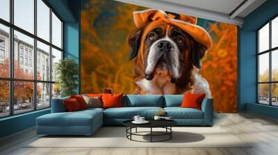 Halloween cute Saint Bernard puppy dog, carved jack-o'-lanterns, pumpkin, banner copy space vertical Wall mural