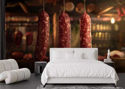 Hanging Salami Sausages, Process of Preparation and Storage, Banner Wall mural