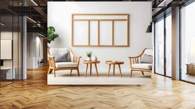 An inviting contemporary interior showing two wicker chairs, a wooden frame on a wall and potted plants enhancing the decor Wall mural