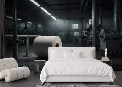 Large industrial roll of white paper in a dimly lit manufacturing room. Wall mural