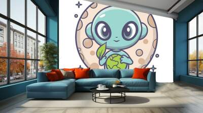 2d vector illustration chibi cute alien, holding sphere earth plant , full body , clean shape and line, white background, random moon background
 Wall mural