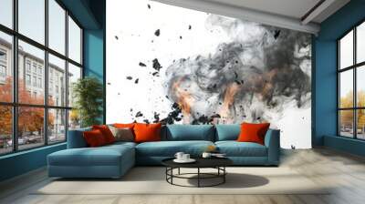 A close-up shot of a small fire with black smoke rising upwards against a white background. Wall mural