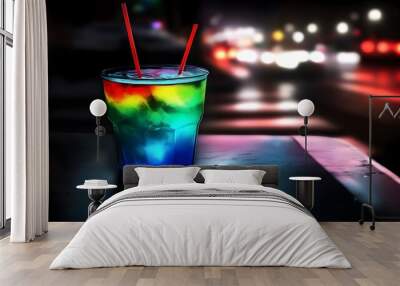 A colorful cocktail with two straws sits on a table outside at night with a blurred city backdrop. Wall mural