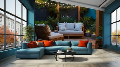 A cozy outdoor seating area with a white couch and two chairs, illuminated by string lights, perfect for relaxing and enjoying the evening. Wall mural