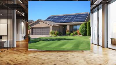 A modern, single-story house with solar panels on the roof, a well-kept lawn, and a two-car garage. Wall mural