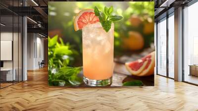 A refreshing grapefruit cocktail with mint garnished in a tall glass with ice on a wooden table with fresh grapefruit and mint leaves around it. Wall mural