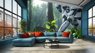 A white humanoid robot plants a sapling in a forest, symbolizing the potential of artificial intelligence to help protect the environment. Wall mural