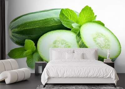 A whole cucumber and two slices with fresh mint leaves isolated on a white background. Wall mural