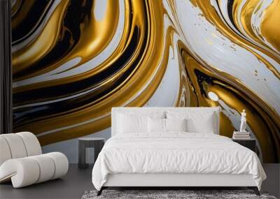 Abstract swirl pattern of black, white, and gold paint. Wall mural