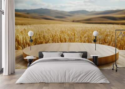 Empty wooden podium in front of a field of wheat. Wall mural