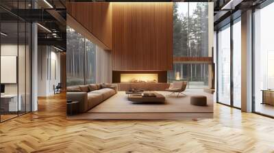 Modern living room interior with large windows, a fireplace, and wooden walls. Wall mural