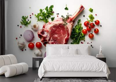 Raw beef steak with fresh herbs, garlic, onion, and cherry tomatoes on a white background. Wall mural