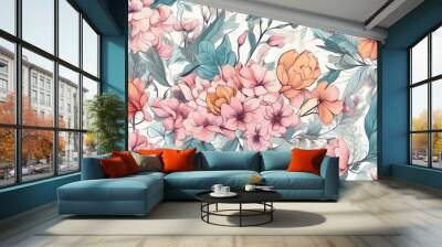 Seamless floral pattern with pink and orange flowers and blue leaves on white background. Wall mural