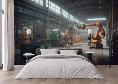 Smart factory with industrial robot and AGV, 3D illustration. Generative AI Wall mural