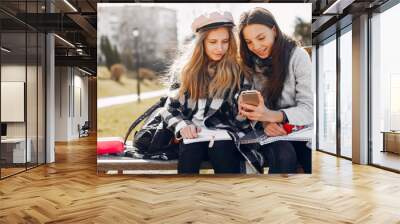 Beautiful girls in a park. Friends have fun in a summer city Wall mural