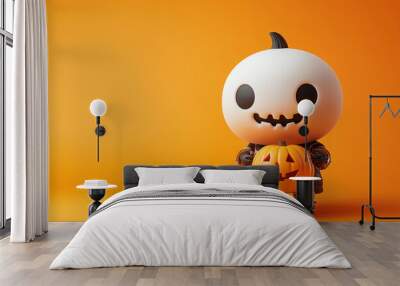 3d render of cute zombie monster character holding halloween pumpkin isolated on solid orange background Wall mural